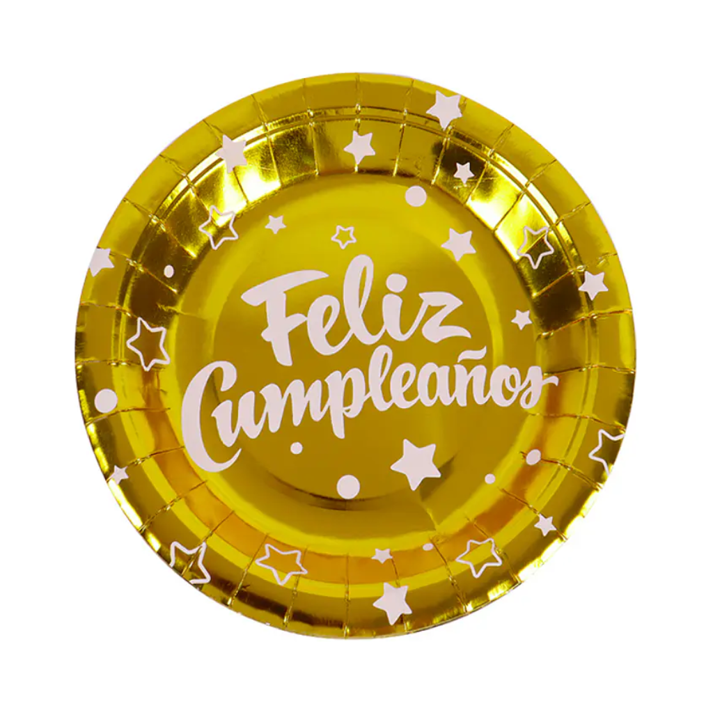 Platos Feliz Cumpleaños Metalizados 18 cm x6 Unidades