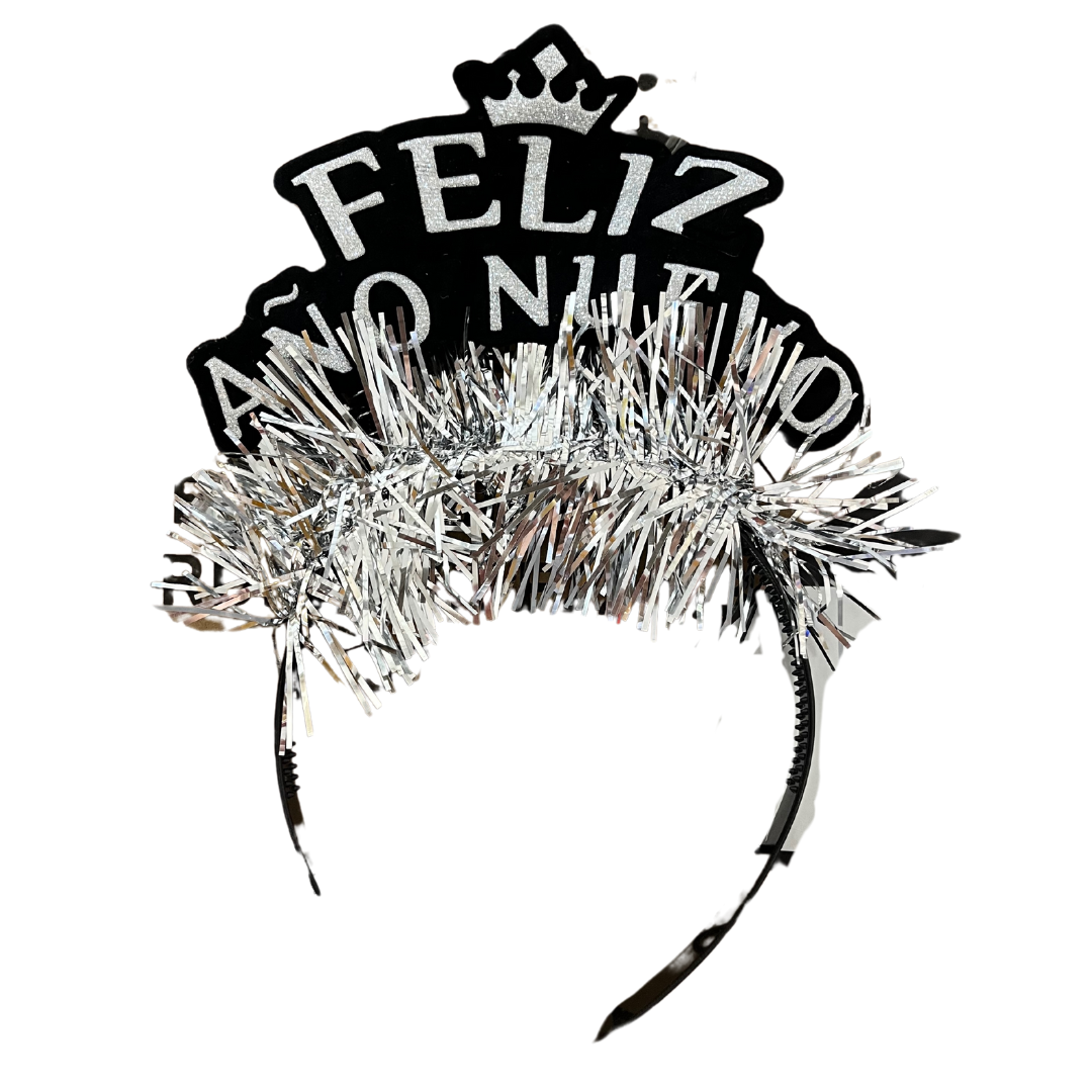 Cintillo feliz año nuevo corona plateado x1