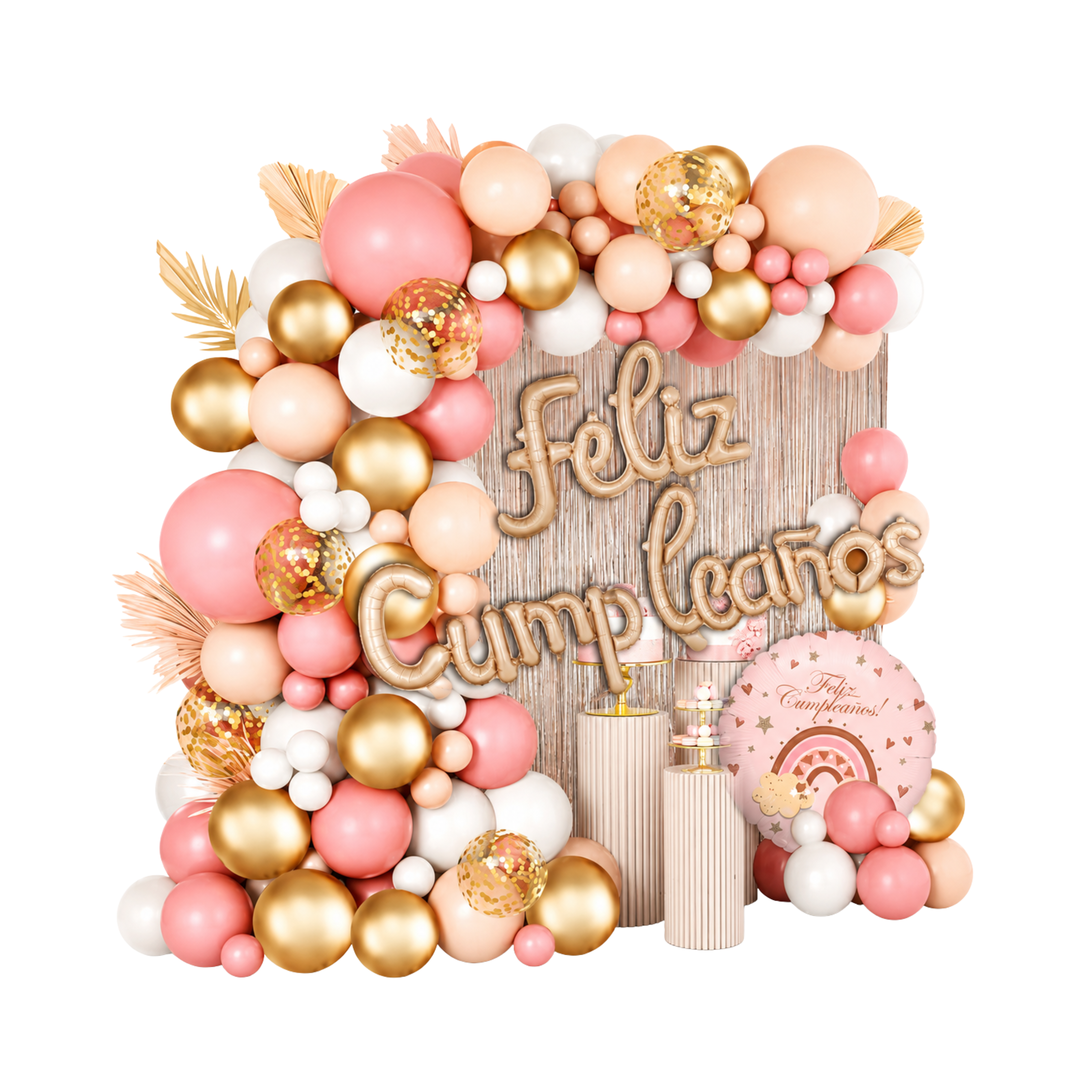 Set Decorativo Feliz Cumpleaños Rosado y Dorado 61 Piezas