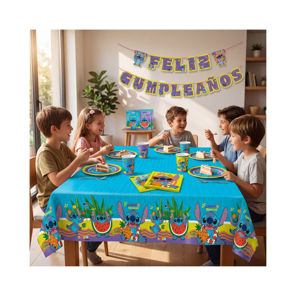Pack cumpleaños Stitch Hawaii con decoración y vajilla temática