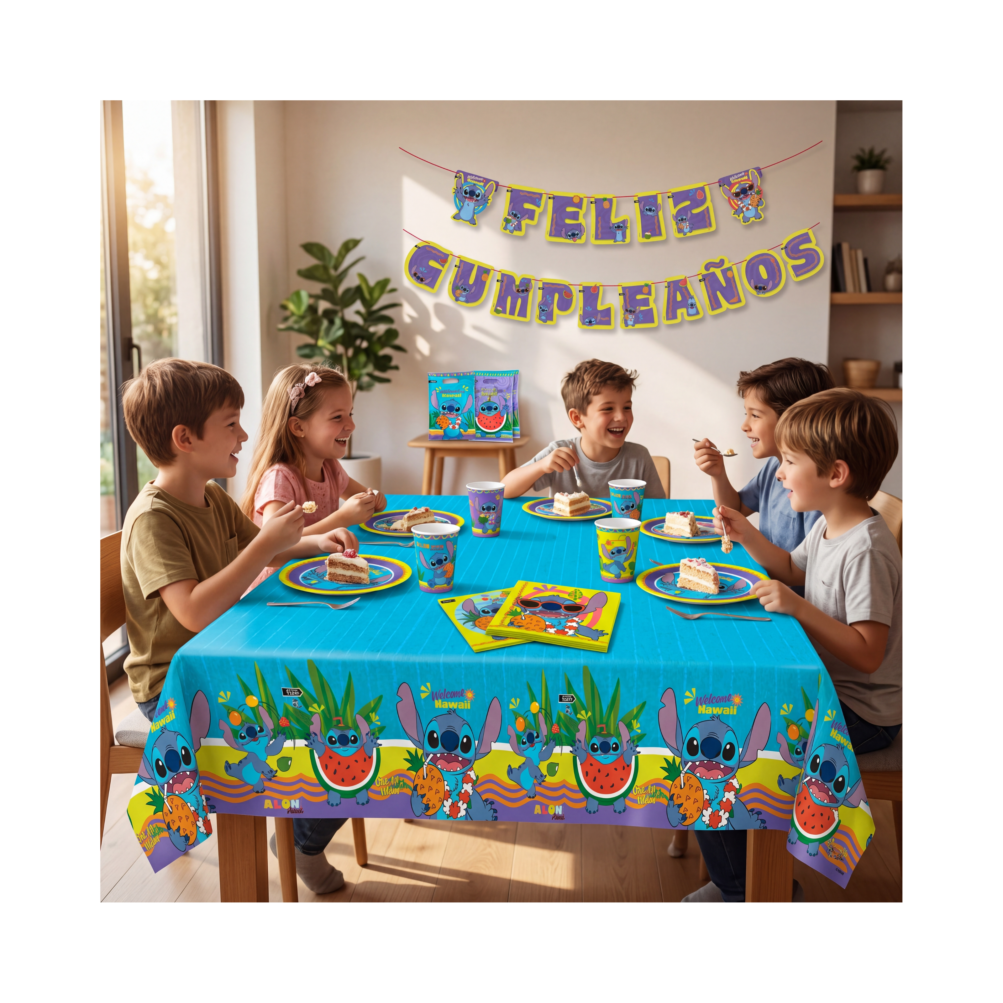 Pack cumpleaños Stitch Hawaii con decoración y vajilla temática