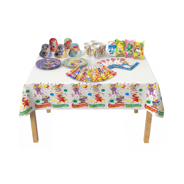 pack cumpleaños retro completo con platos vasos gorros cornetas cajas sorpresa mantel