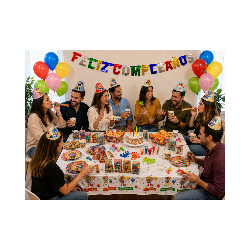 Pack Retro Premium para cumpleaños con platos, vasos, servilletas, gorros, cornetas, carteritas, bandejas, globos y chiches retro