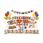 Pack Retro Premium para cumpleaños con platos, vasos, servilletas, gorros, cornetas, carteritas, bandejas, globos y chiches retro