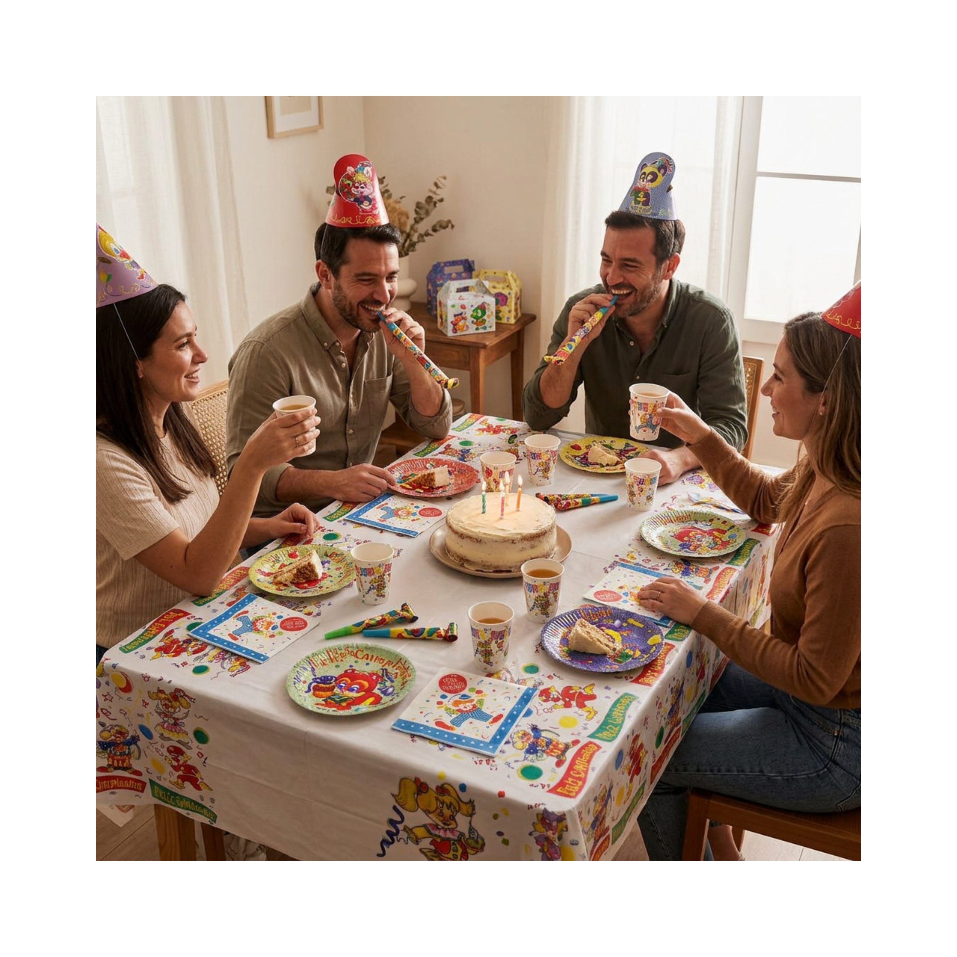 pack cumpleaños retro completo con platos vasos gorros cornetas cajas sorpresa mantel